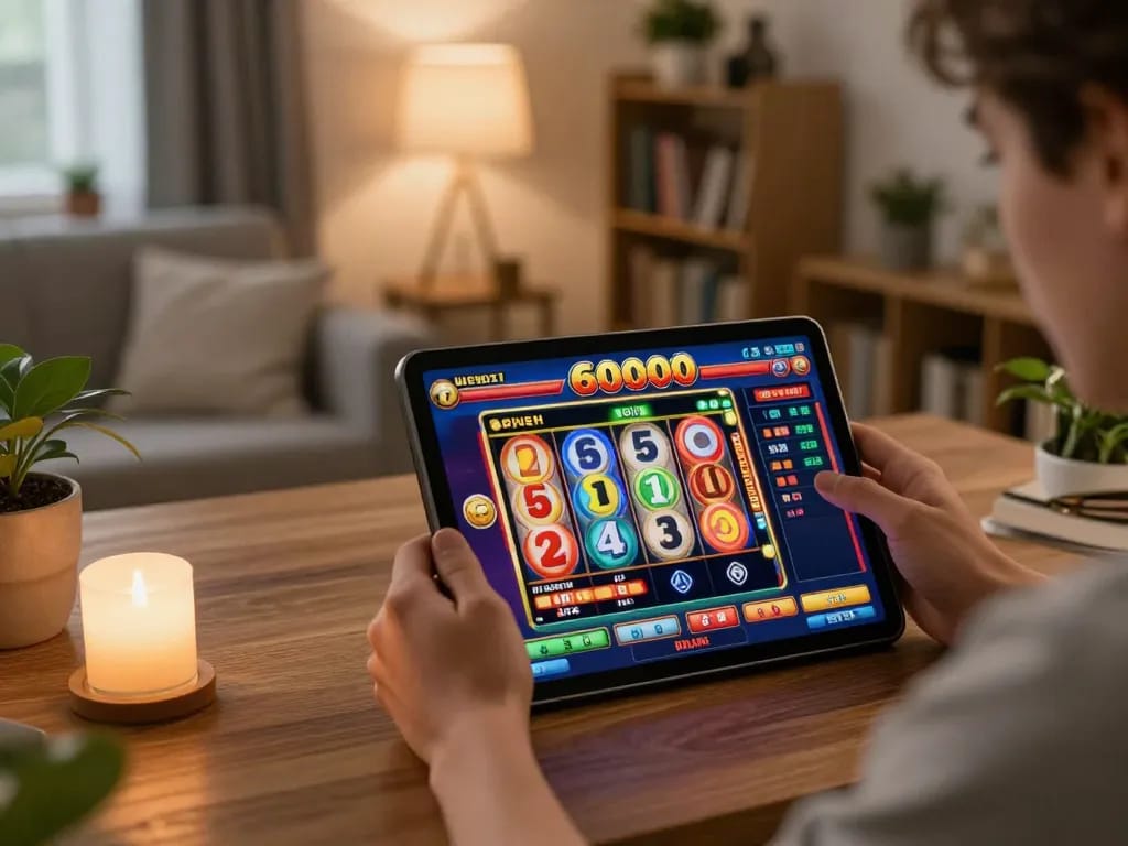 Engaging player spinning the reels on slot6000 in a cozy home environment.