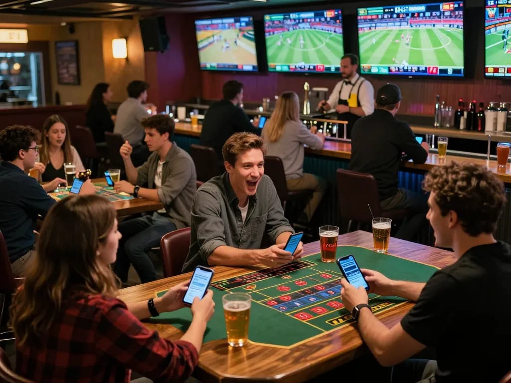 A patron engaging in sports betting via mobile apps at sites not on gamstop in an energetic sports bar setting.