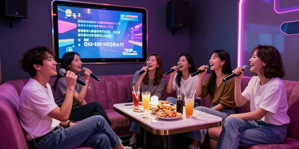 강남 가라오케에서 즐거운 시간을 보내는 친구들 모습, 화려한 조명과 쾌적한 인테리어가 돋보임.