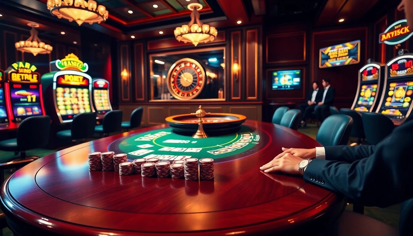 Scène engageante dans un casino en ligne mettant en avant des joueurs à une table de poker, une roulette et des machines à sous.