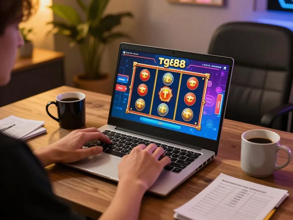 Player engaging with tg88 online gambling platform, showcasing colorful slot games in a cozy workspace