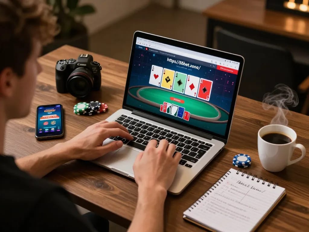 Engaging in poker gameplay through the https://88bet.zone/ platform on a cozy home setup, showcasing a dynamic gaming experience.