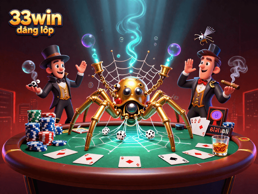 Engage with 33win đăng nhập as a golden spider catches dice in a vibrant casino scene.