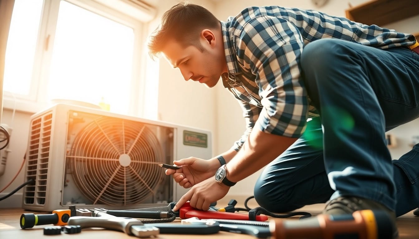 Skilled technician engages in emergency HVAC repair, showcasing expertise and urgency.