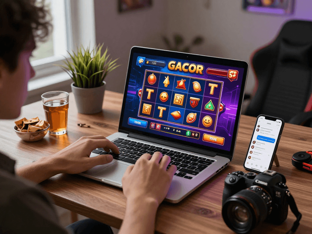 Pengguna menikmati permainan slot gacor di laptop dengan grafik warna-warni dan suasana nyaman di meja kerja.