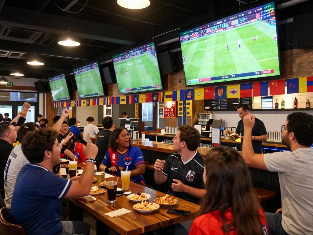 Xoilac TV live sports betting excitement with fans cheering in vibrant sports bar atmosphere