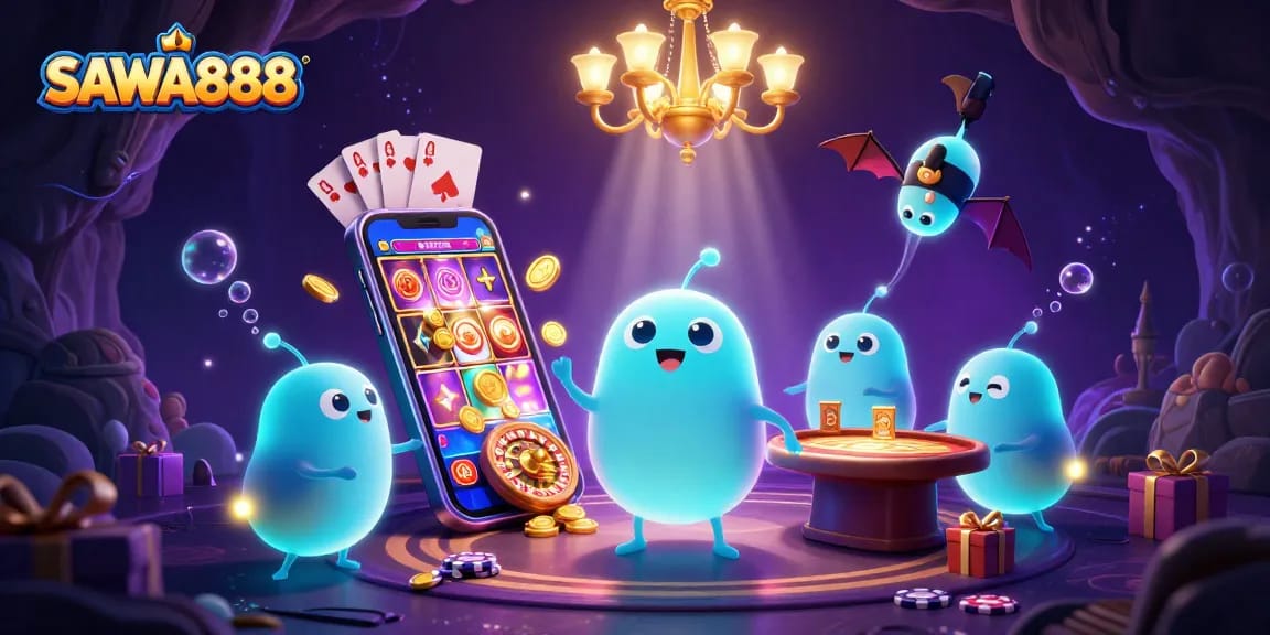 Join the fun at SAWA888 as glowworms illuminate the cave casino with vibrant gaming symbols!