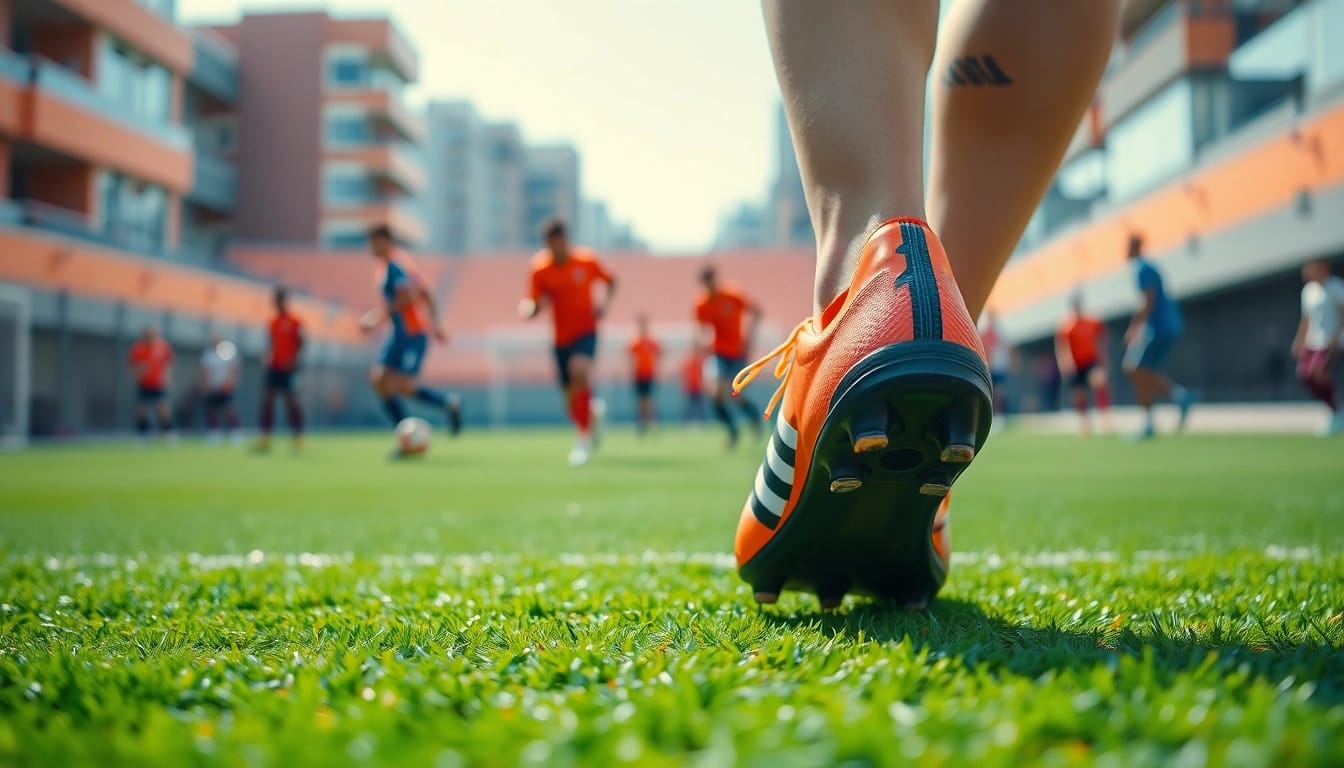 Jugadores utilizando botines de fútbol predator naranjas en un campo vibrante.