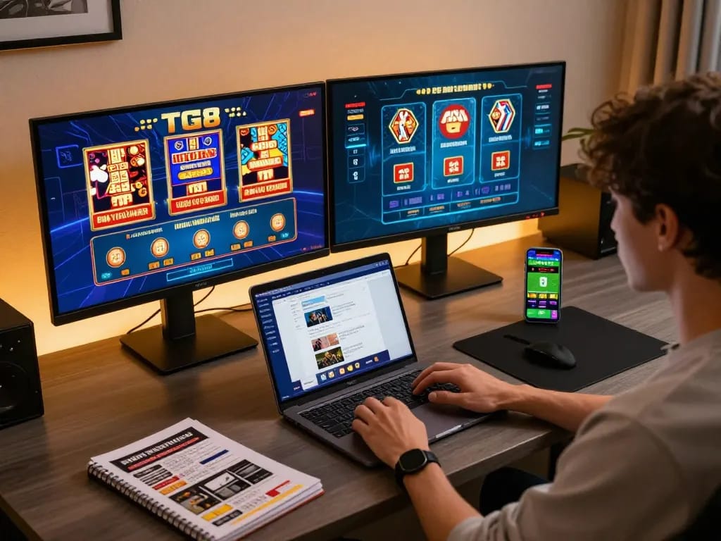 Experience thrilling gameplay on the TG88 online casino platform at a stylish home workspace.
