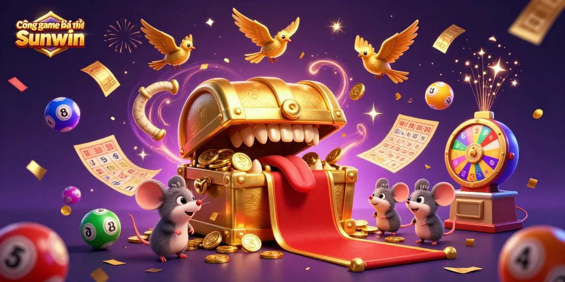 Cổng game bài đổi thưởng Sunwin showcases a vibrant 3D casino scene, inviting players with lottery elements and dynamic celebration effects.