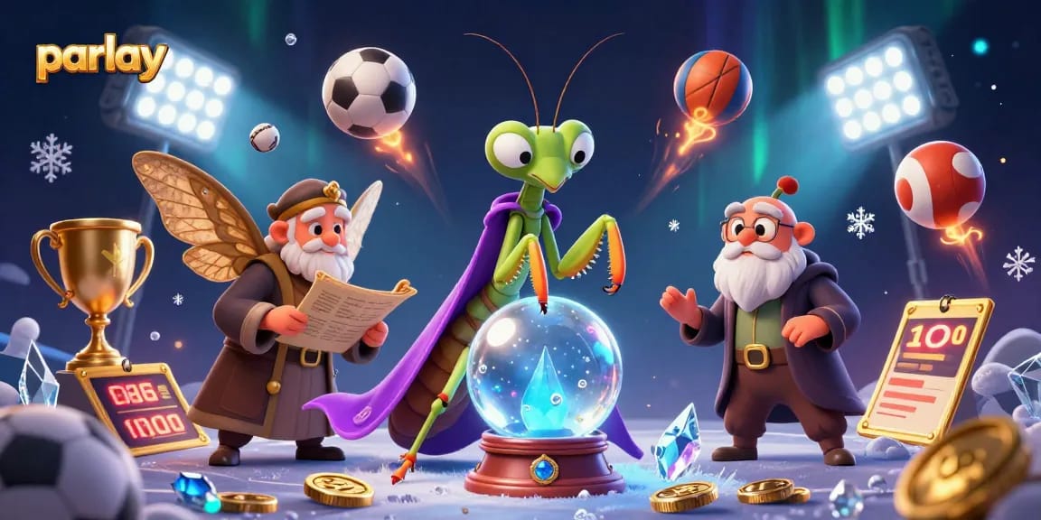 Engage in parlay betting with vibrant sports elements and magical fortune tellers in this 3D illustration.