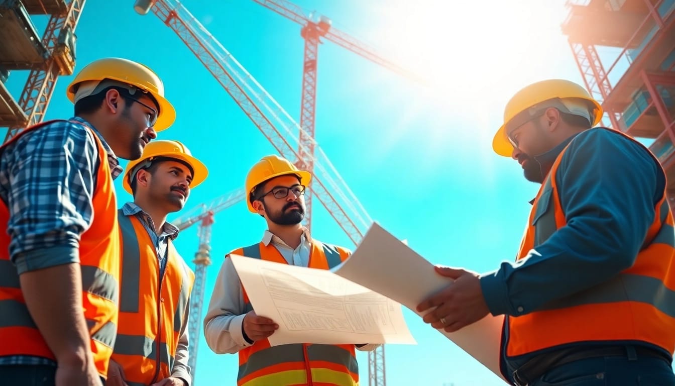 Construction association members collaborating on a bustling building site with cranes and tools.