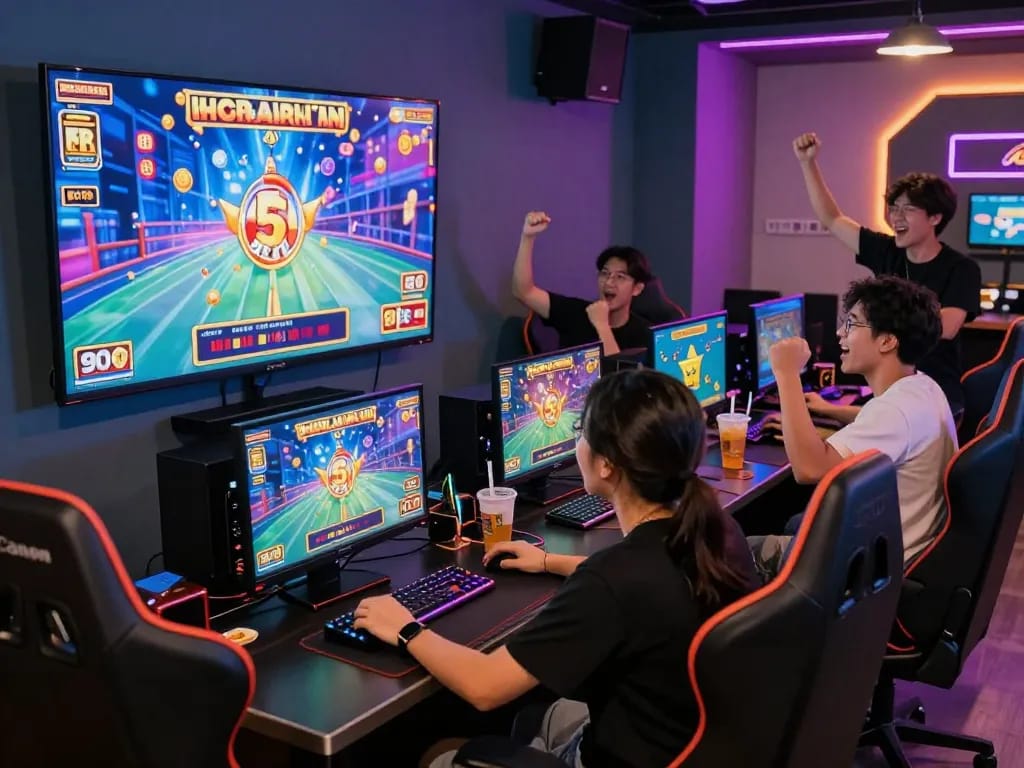 Sejumlah teman yang bersemangat bermain slot gacor hari ini di ruang permainan yang cerah.
