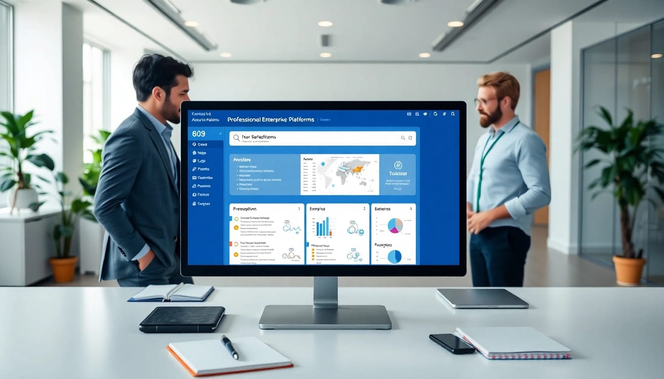 Analyze enterprise search platforms with a diverse team in a modern office setting.