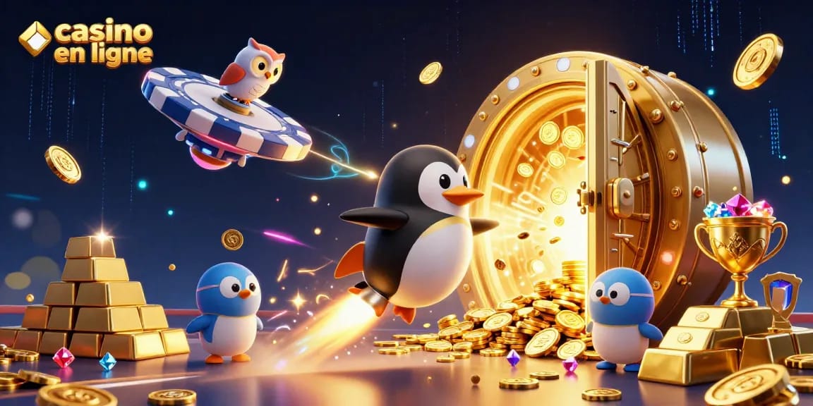 Casino en ligne, le pingouin doré en fusée explore l'univers riche en trésors.