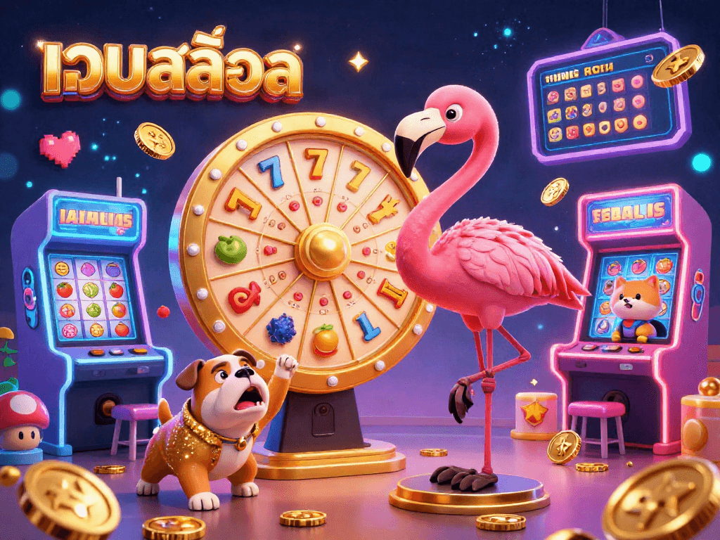 Experience excitement at เว็บสล็อต with dynamic slot reels, prizes, and lively characters in a vibrant scene.