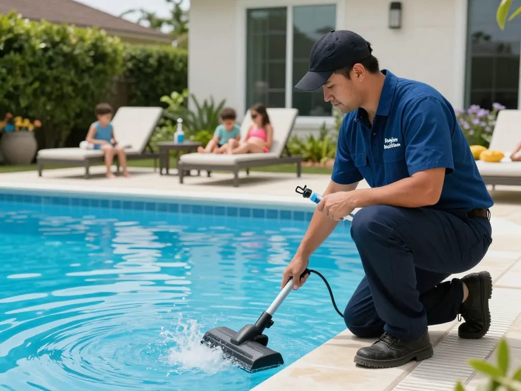 Dolphin Pool Services technician performing leak detection on a sunny pool, showcasing expertise and professionalism.