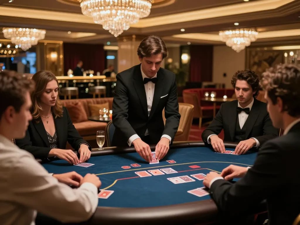 33CC poker players engaging in high-stakes gameplay within a luxurious VIP casino environment