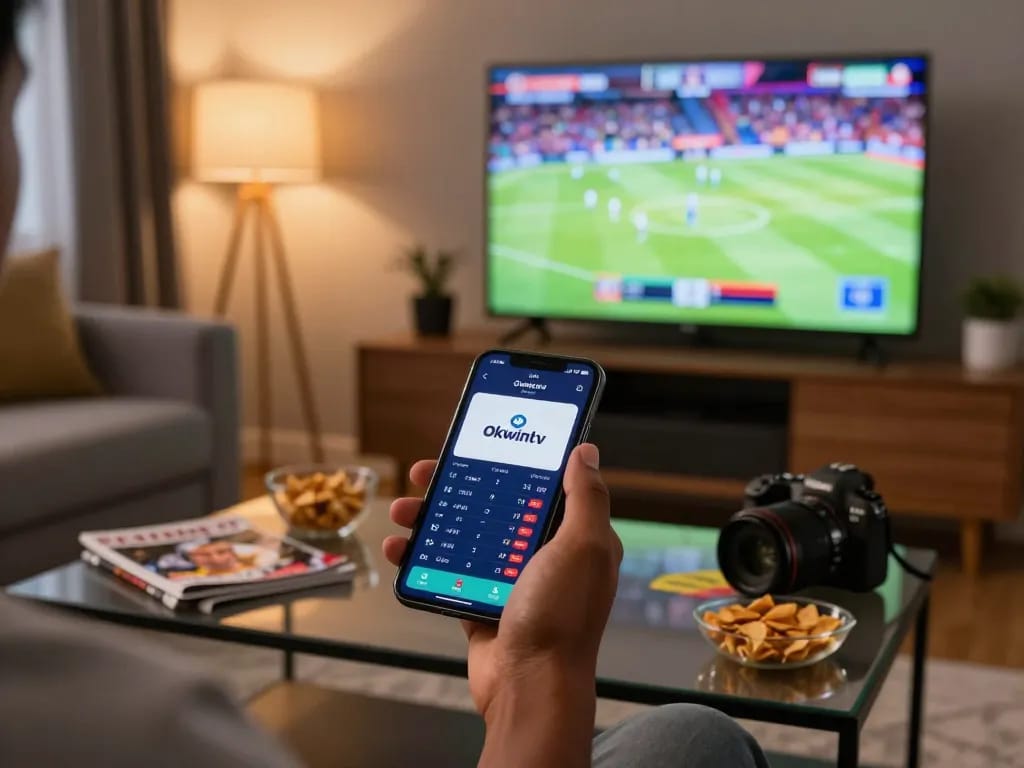 Okwintv user engaging in live sports betting on a smartphone in a cozy setting.