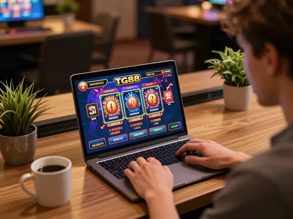 Engaging in slot games at TG88 online casino on laptop, cozy gaming setup.