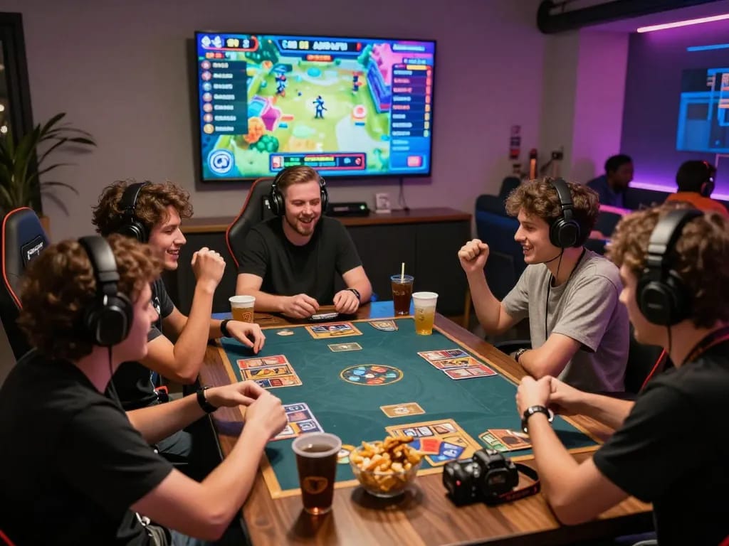 Engaging scene of players enjoying Thể thao hubet88 card games in a modern lounge setting.