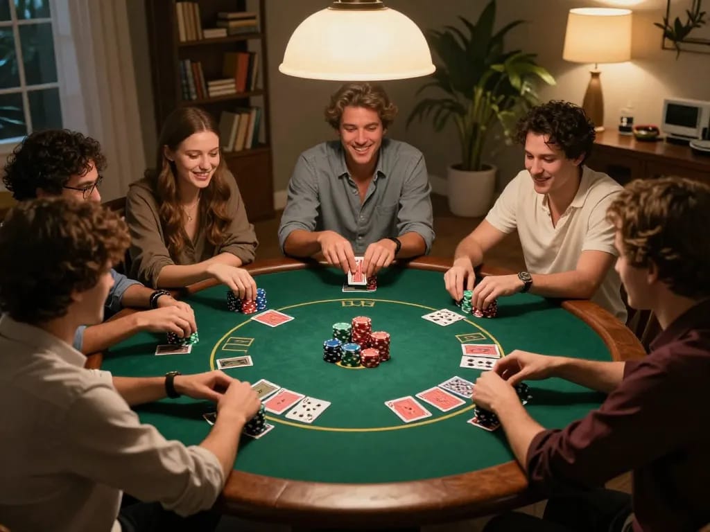 Friends sharing a fun poker night at home, while enjoying chips and cards in a cozy poker atmosphere at fb88.