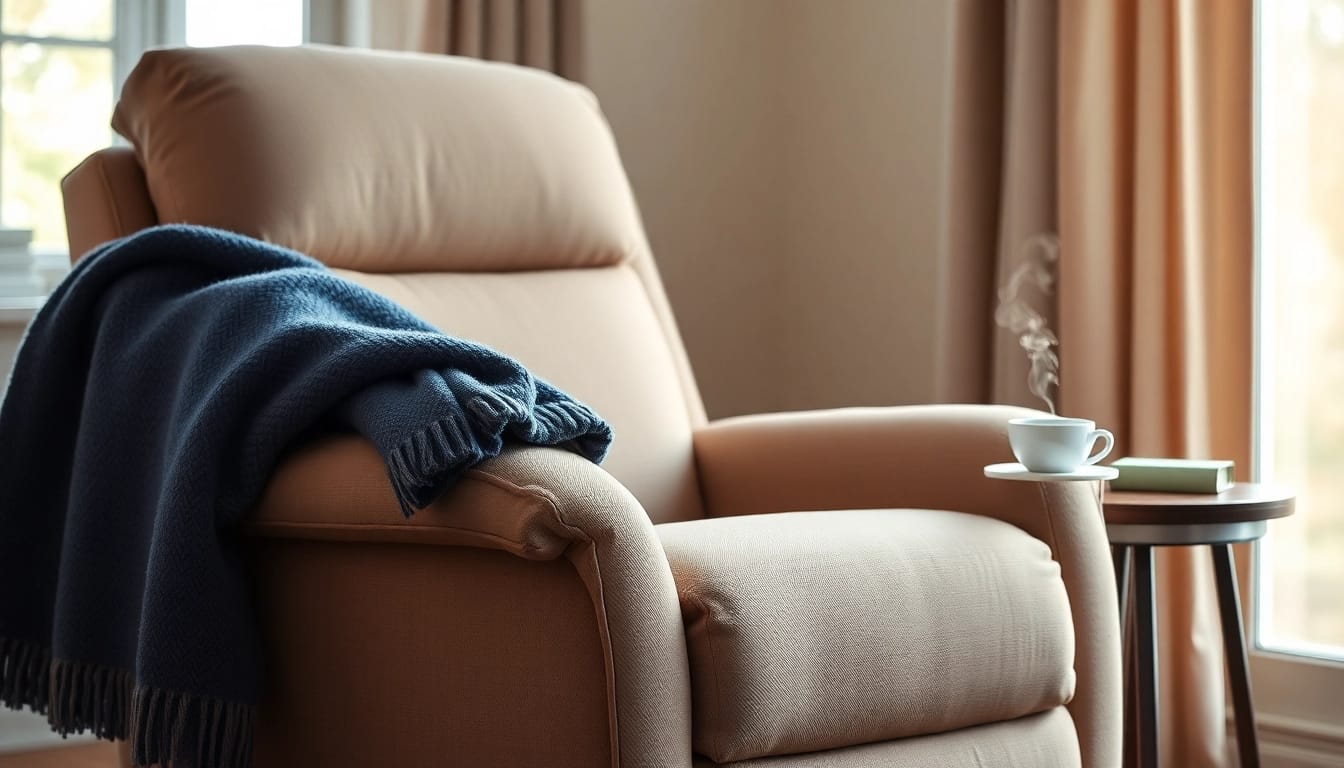 Relaxing scene of a lift chair recliner with heat and massage beside a window, showcasing comfort and style.