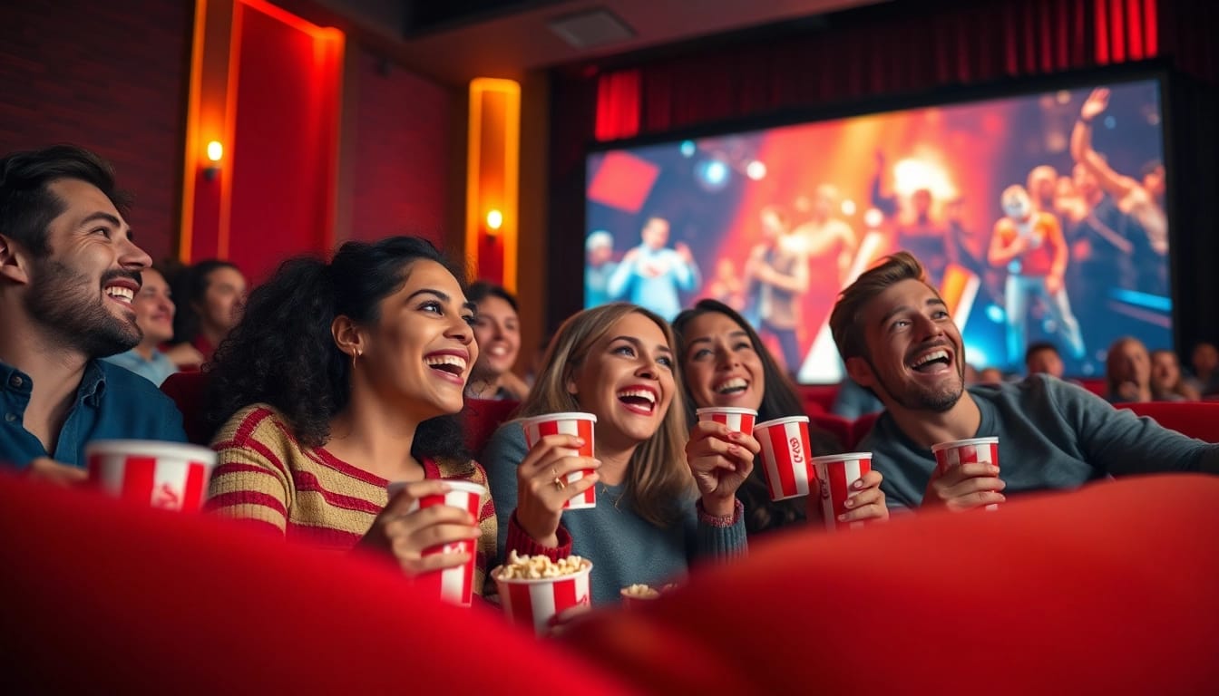 Engaged viewers enjoying ดูหนัง in a lively cinema setting with popcorn.