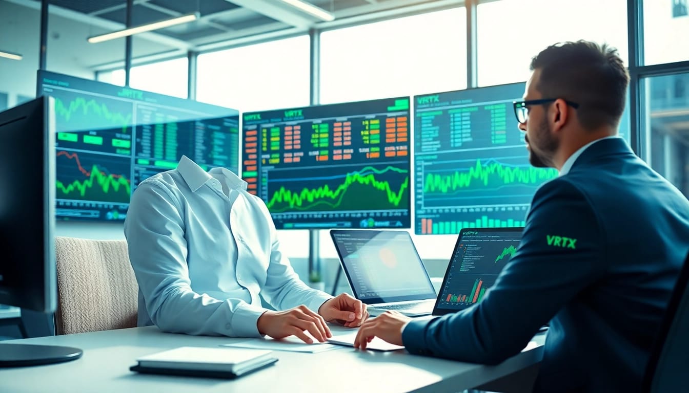 Analyze current VRTX stock price trends and performance in a modern office setting.