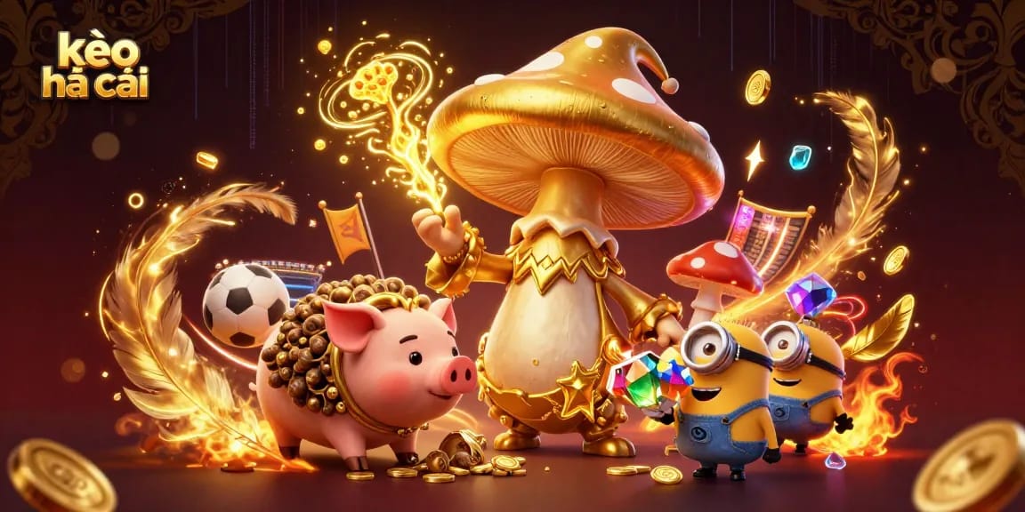 Experience the thrill of kèo nhà cái with golden magical elements and animated characters in a vibrant betting scene.