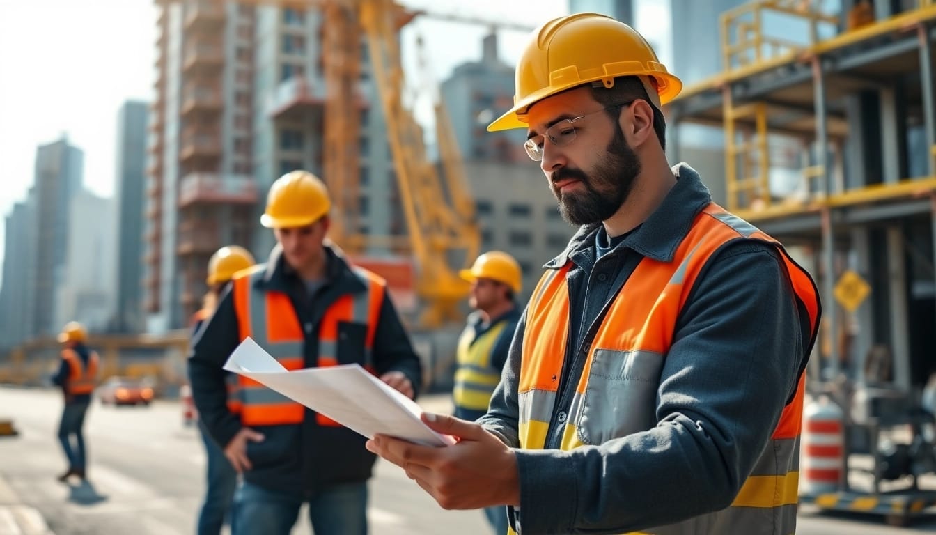 Professional New York City General Contractor inspecting blueprints at a vibrant construction site.