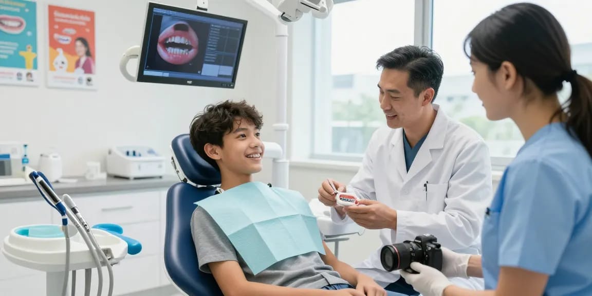 Teen receiving care with lingual braces in a modern orthodontic clinic, showcasing a friendly atmosphere.