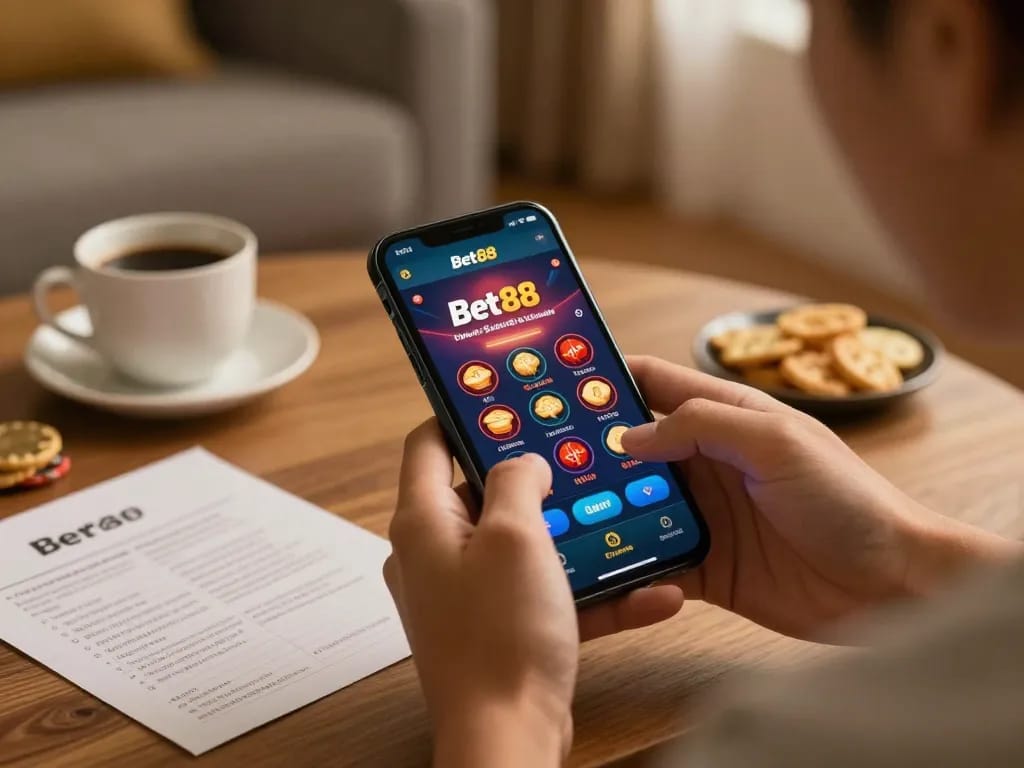 Accessing link vào Bet88 an toàn on a smartphone, enjoying gambling safely at home.