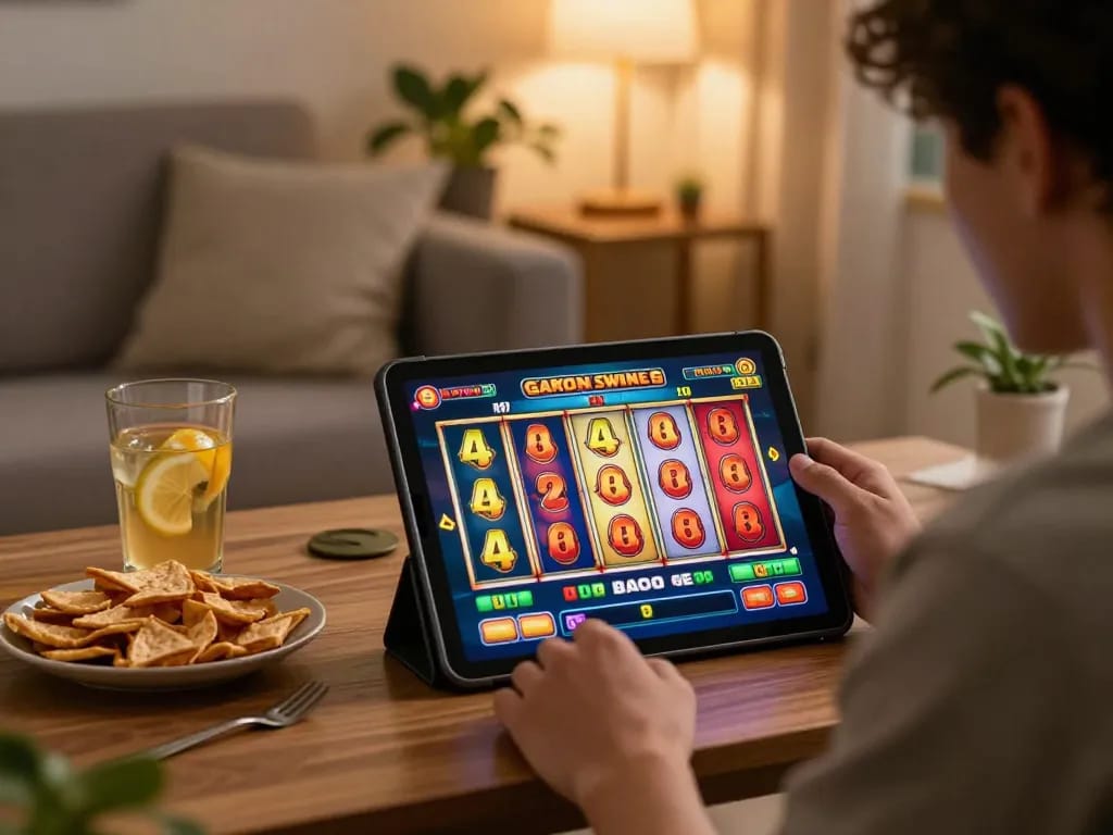 Player engaging in slot gacor game on tablet at home, showcasing strategic play and relaxation.