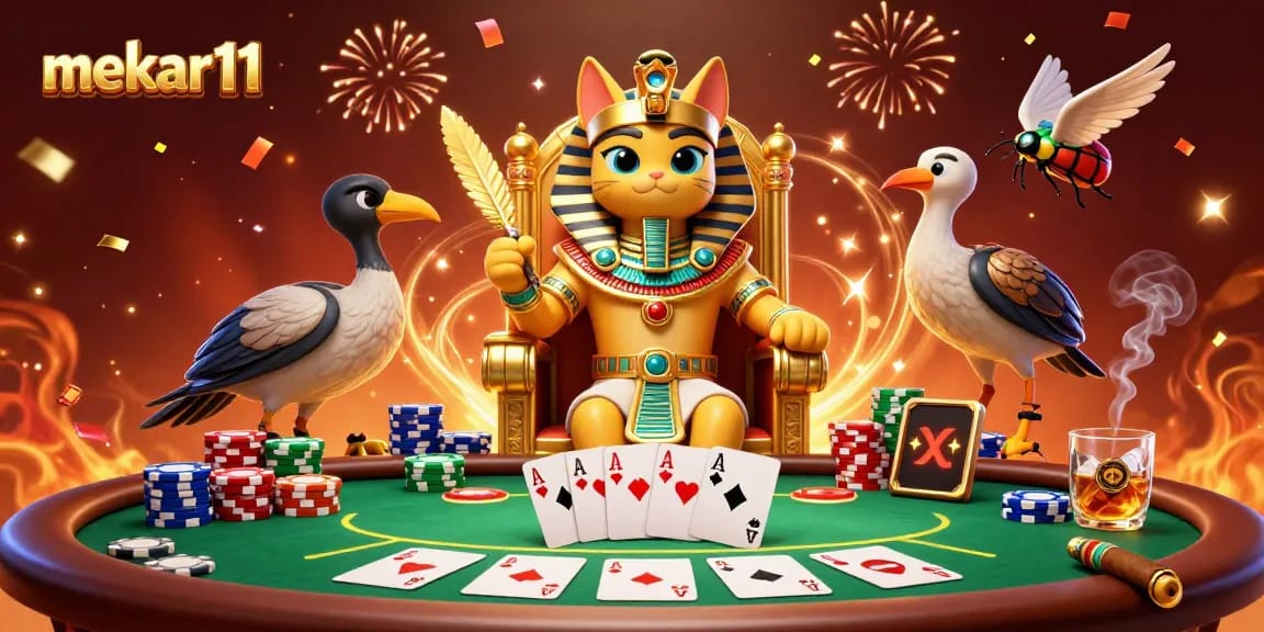 Mekar11 offers a vibrant poker scene with Egyptian pharaoh cat characters celebrating a winning hand.
