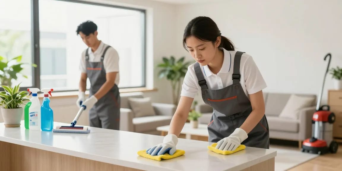 DISE Cleaning - Professionelles Reinigungsteam in modernem Apartment bei der Arbeit mit umweltfreundlichen Reinigungsmitteln.