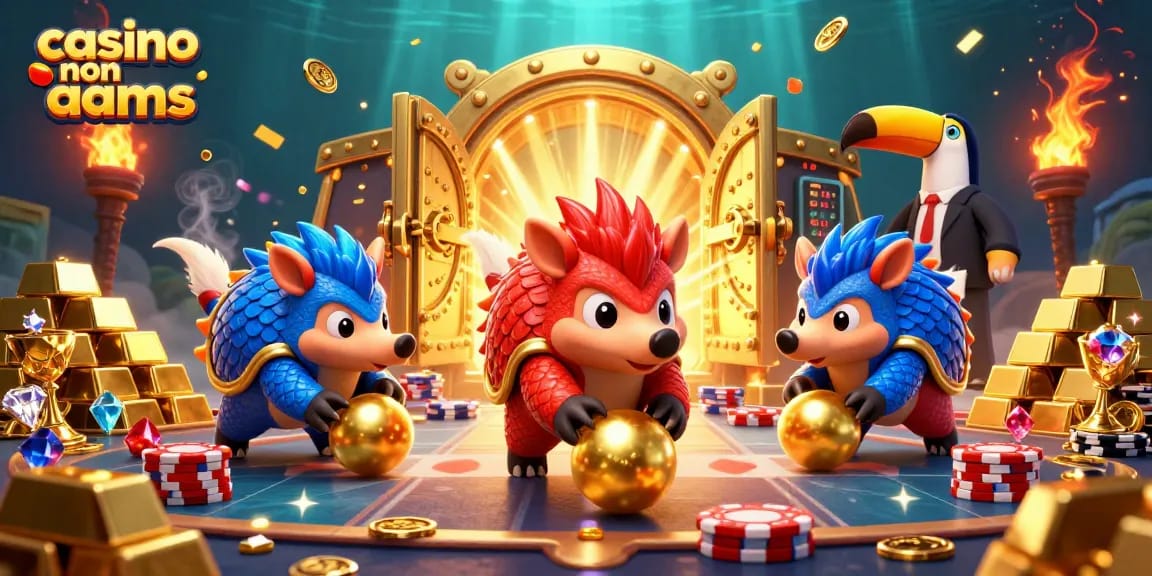 Gioca e vinci nei casino non AAMS con questa illustrazione dinamica di pangolini che affrontano una sfida ludica.