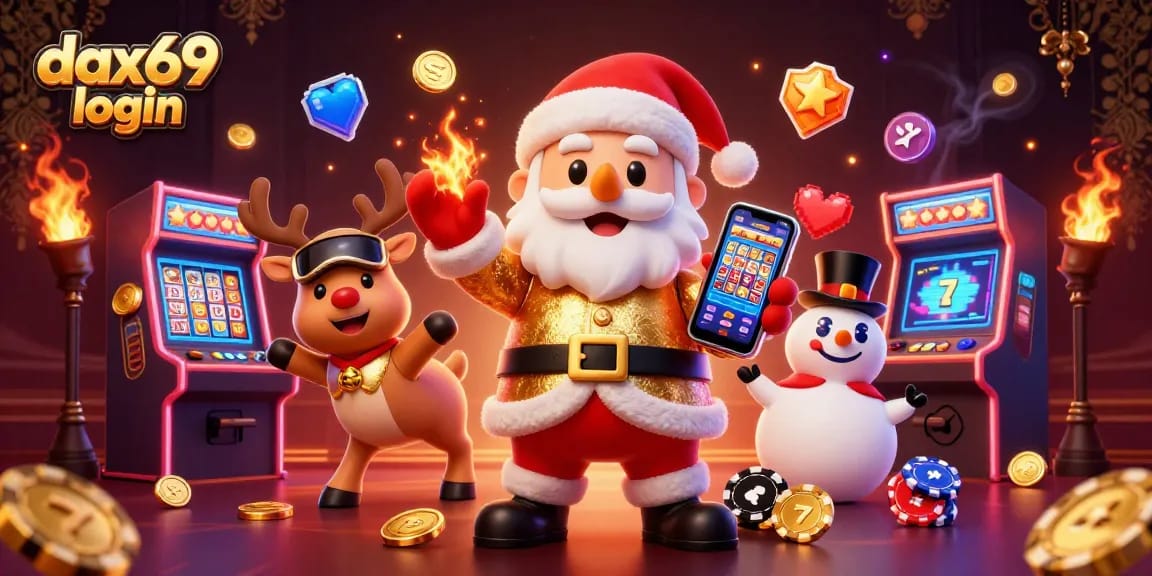 Menggunakan dax69 login, Santa Claus bersenang-senang di kasino digital dengan teman-teman kartunnya.