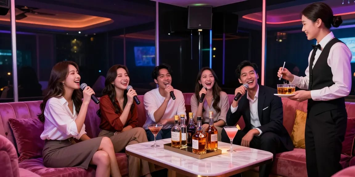 강남 가라오케에서 친구들과 함께 즐거운 시간을 보내는 모습, 화려한 조명과 고급 음료가 있는 프라이빗 룸