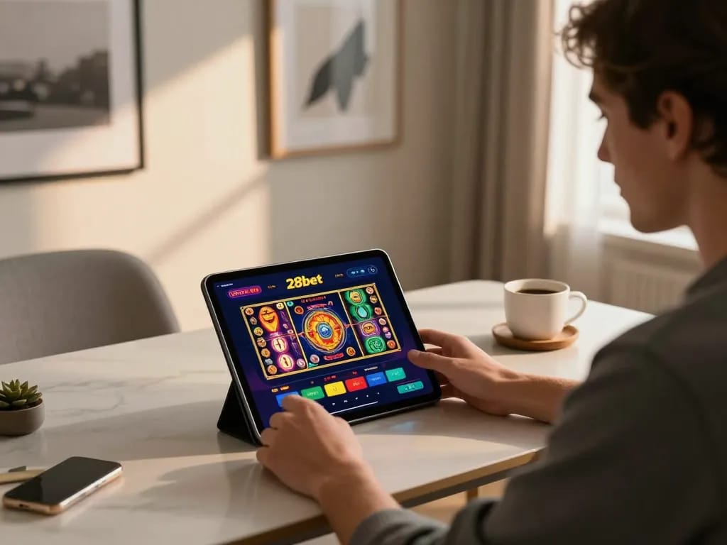 Engaging home gaming setup with player using the 28bet app for responsible entertainment