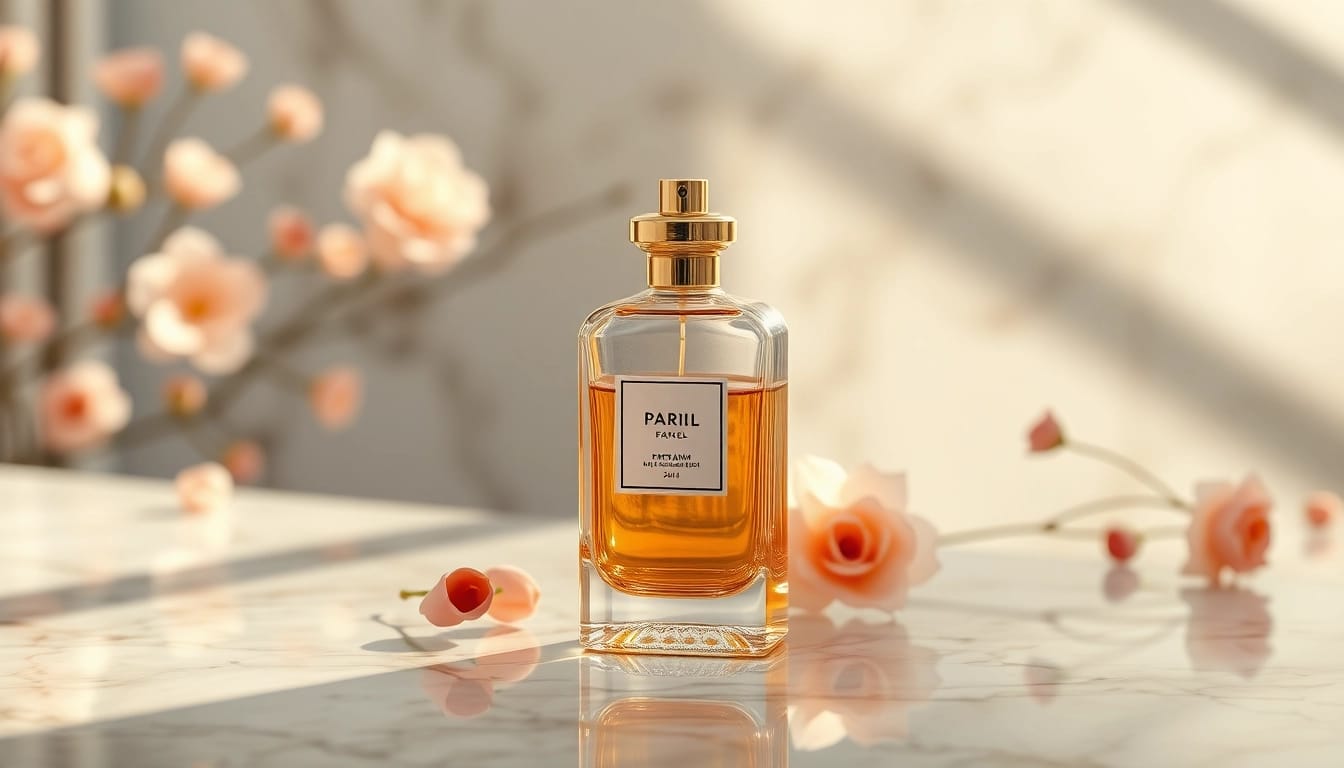 Showcasing a perfume bottle as a Rouge 540 alternative, set in a luxurious environment.