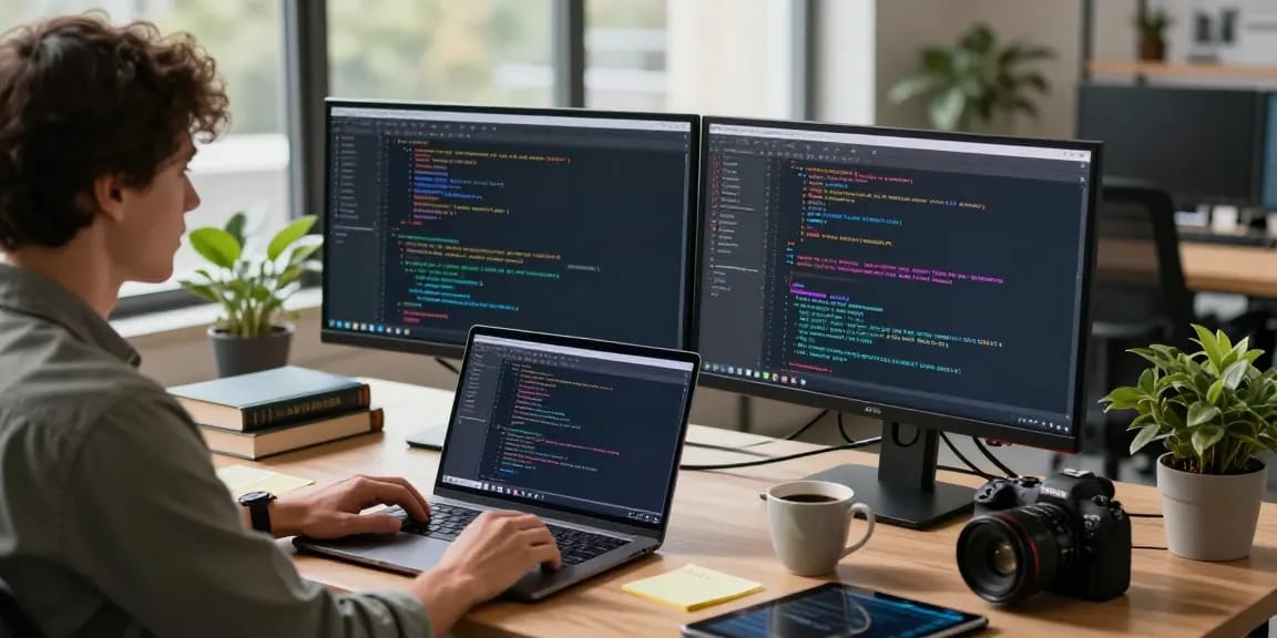 Exploring 纸飞机下载 with a developer in a modern workspace, coding on multiple screens.