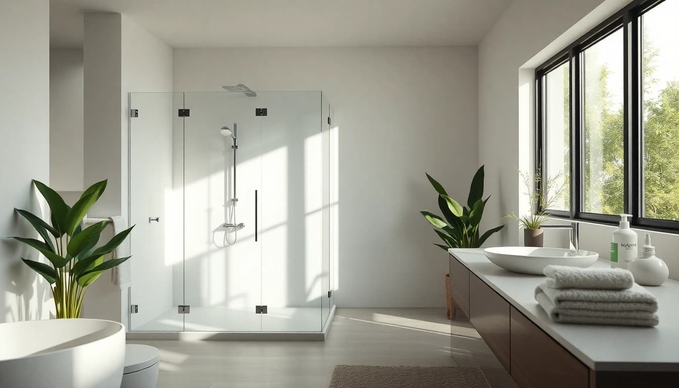 Stylish elegant showers au in a modern, bright bathroom setting with lush greenery.