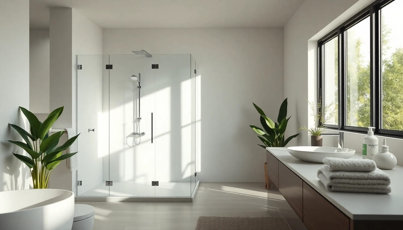 Stylish elegant showers au in a modern, bright bathroom setting with lush greenery.