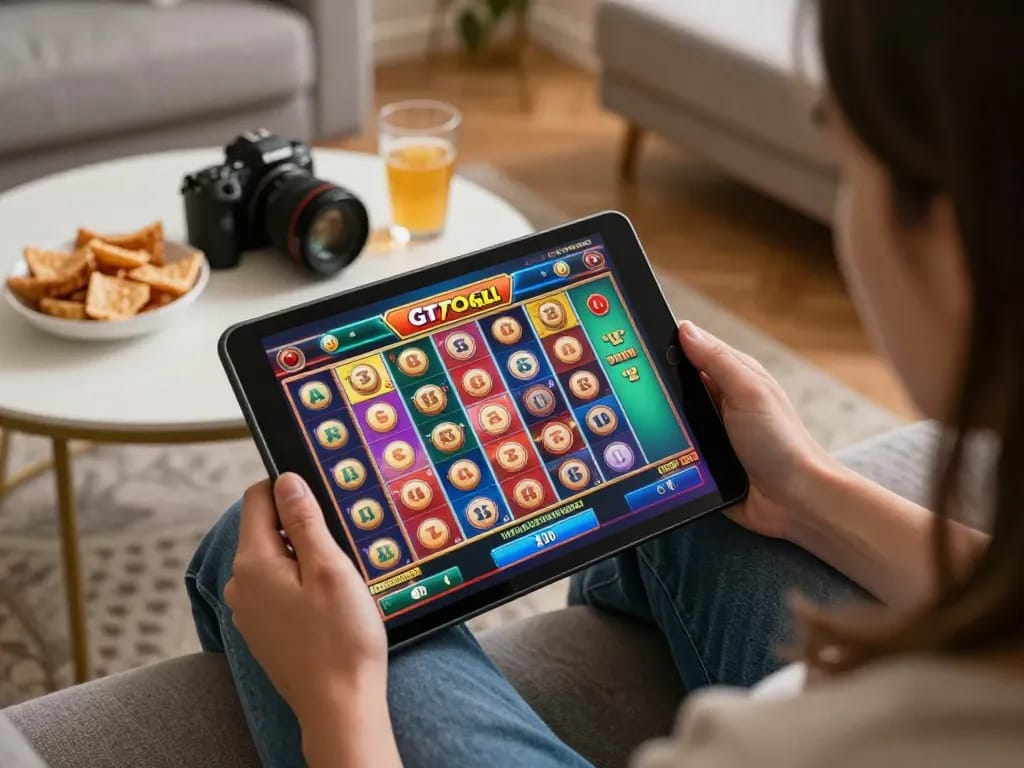 Engaging with GTAtogel slot games on a tablet in a cozy living room.