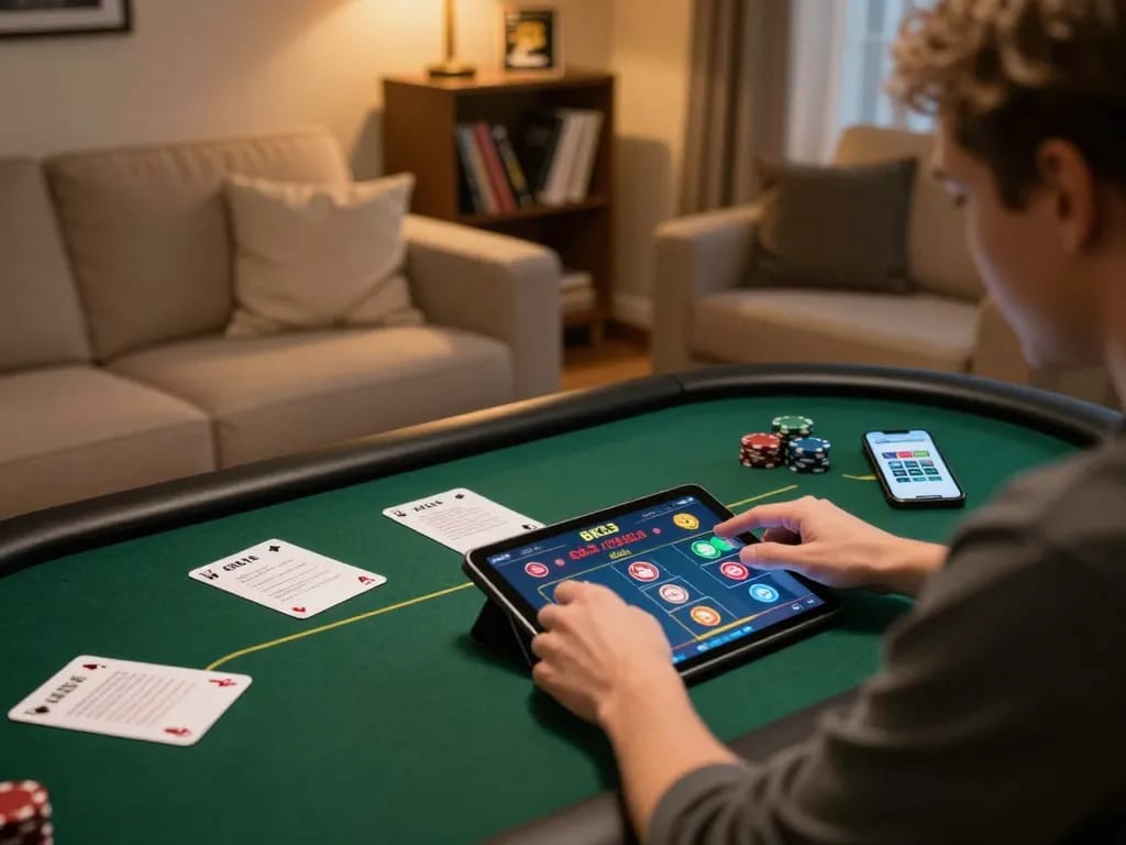 Player using the BK33 app on a tablet during an engaging poker game with strategic notes around