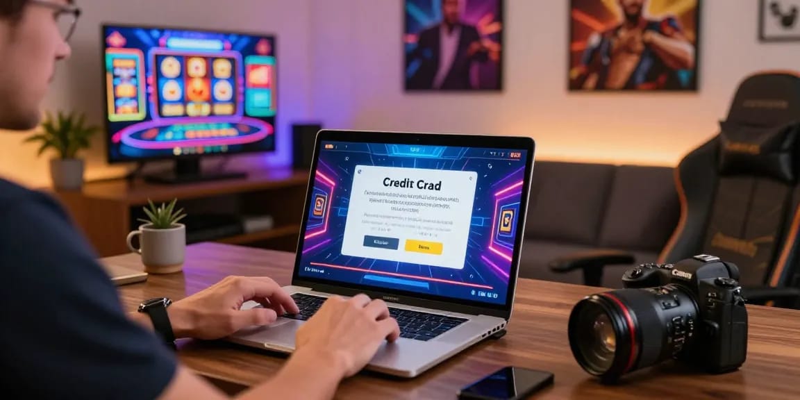 Player enjoying live dealer games at a credit card casino from https://iis.org.uk, showcasing vibrant gaming atmosphere and stylish home office.