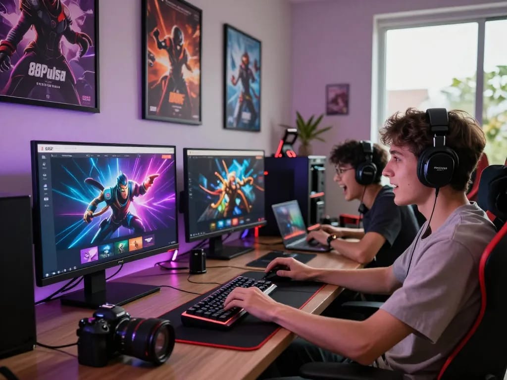 Engaging online gaming setup with players enjoying 88Pulsa games in a vibrant atmosphere.