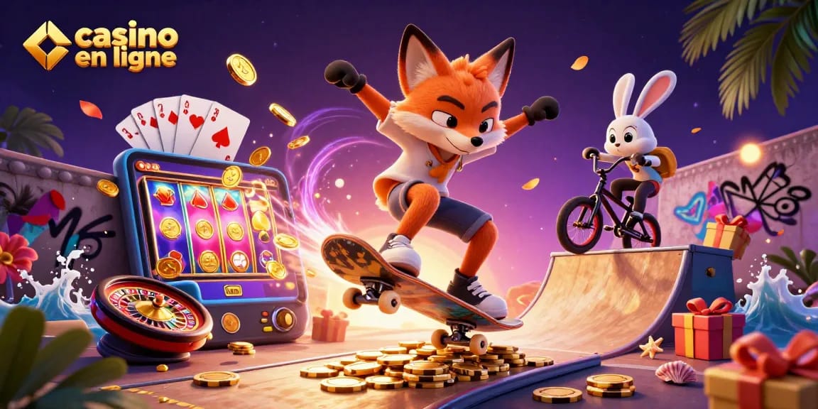 Plongez dans l'univers du casino en ligne avec un renard skateboardeur et un lapin BMX au cœur d'une scène dynamique.