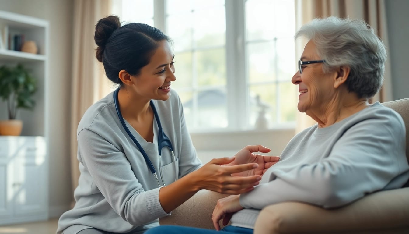 Caregiver providing respite care austin tx to an elderly client in a bright, welcoming home environment.